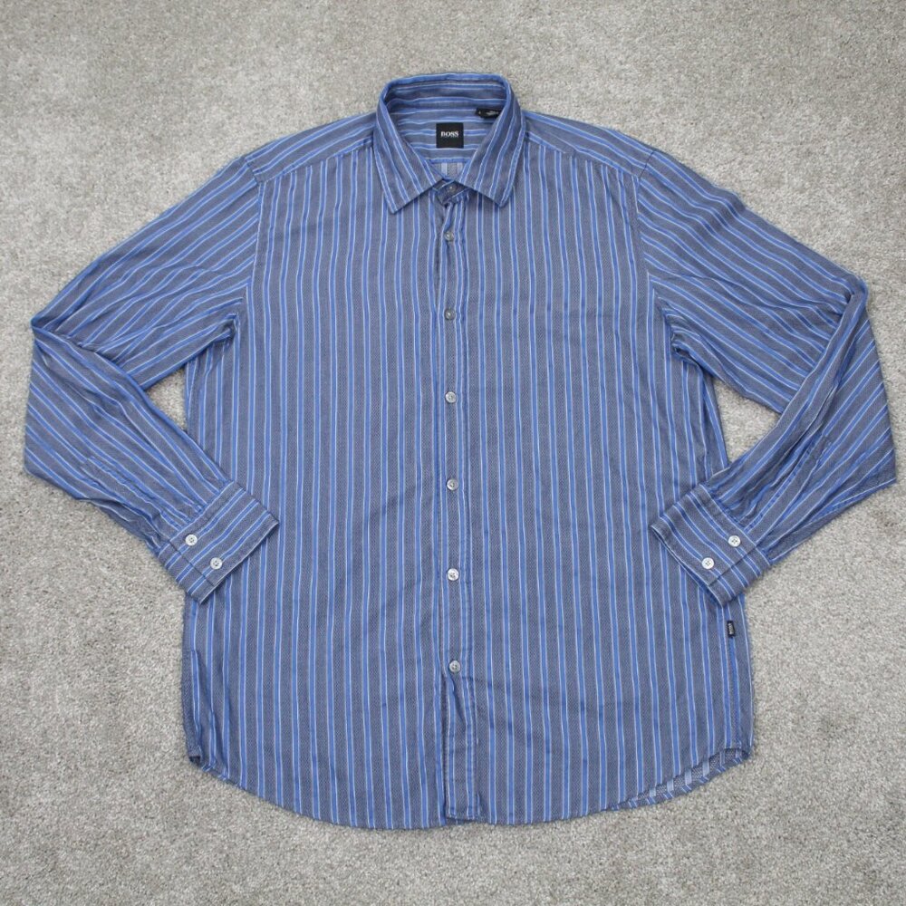 BOSS Hugo Boss Shirt Mens Large‎ Blue/Gray Striped "Lex" Cotton L/S Button Up